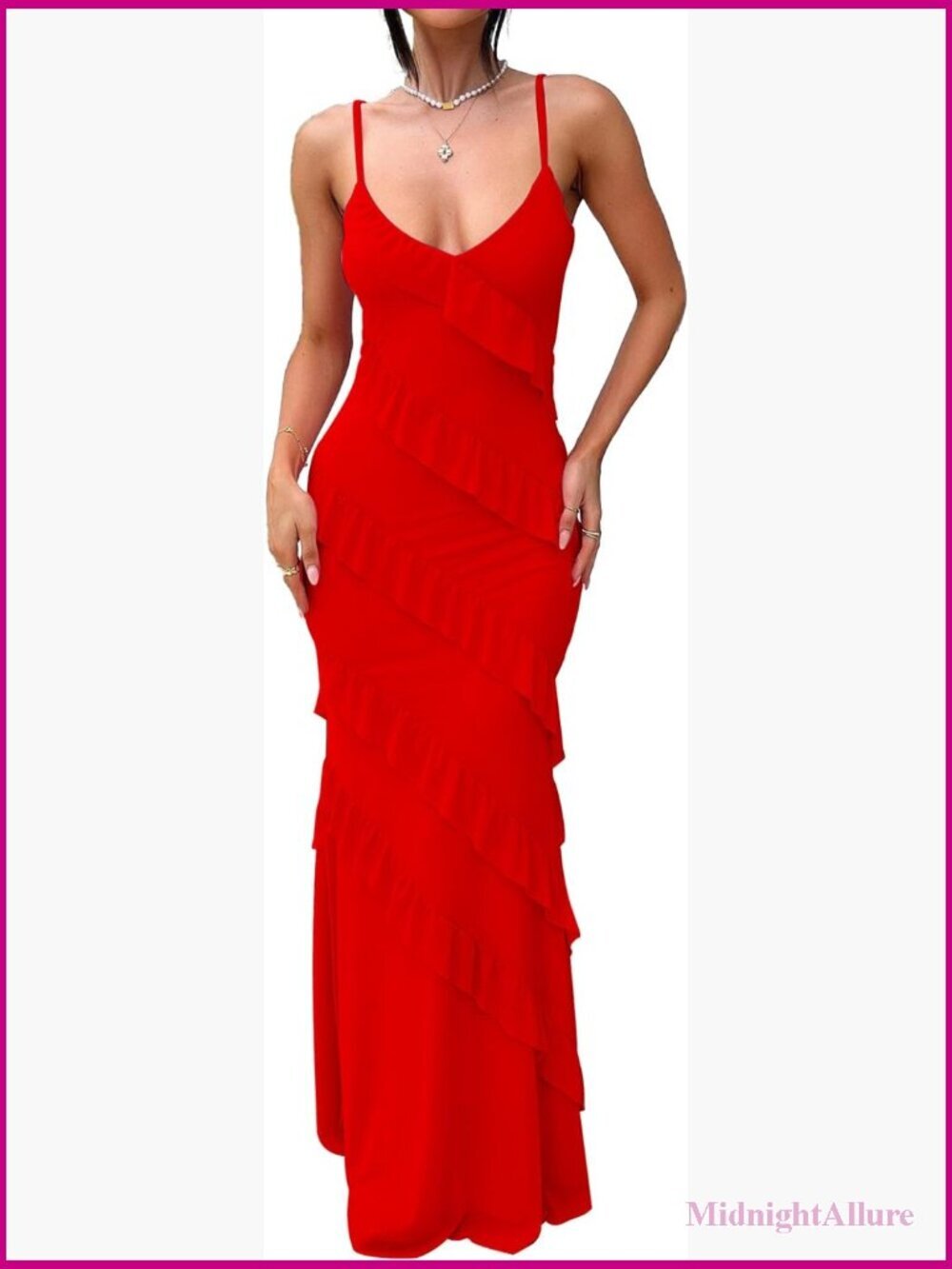 Sexy V Neck Backless Bodycon Spaghetti Strap Ruffle Maxi Cocktail Party Dress